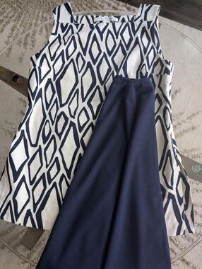 Diane von Furstenberg Navy & White Geometric Blouse + FREE Navy Flare Skirt